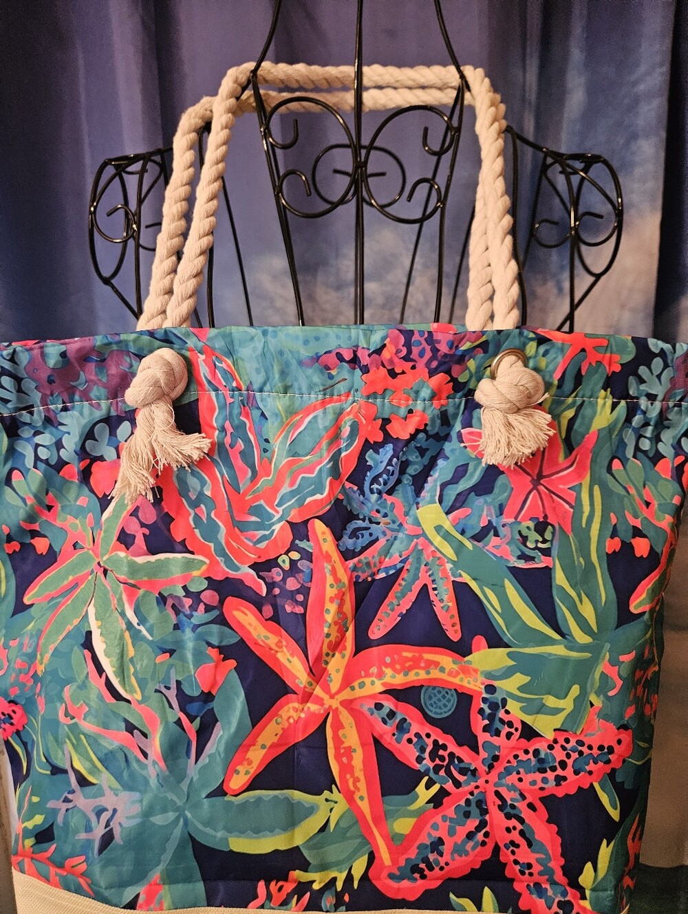 Tropical Starfish Print Rope-Handle Tote Bag - Navy & Multicolor - Picture 3 of 9